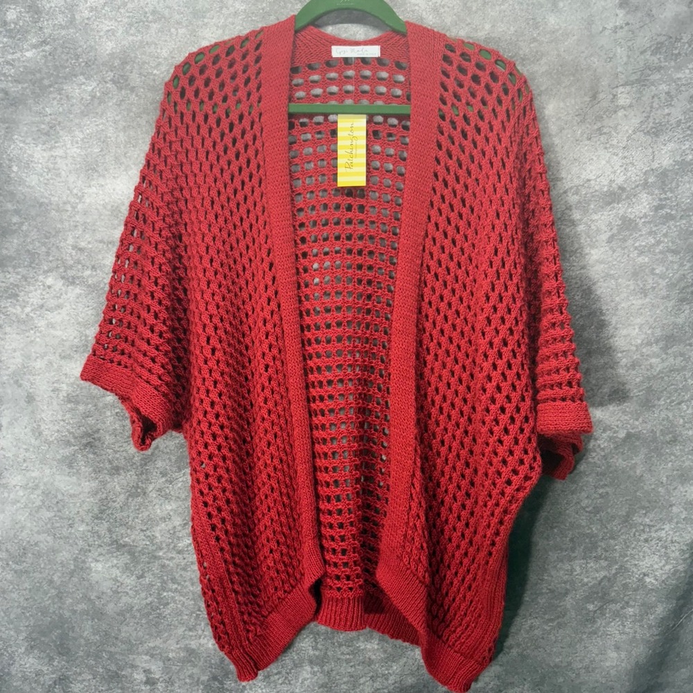 Gigi Moda Romola Crochet Knit Open Front Cardigan One Size Dark Red Oversized